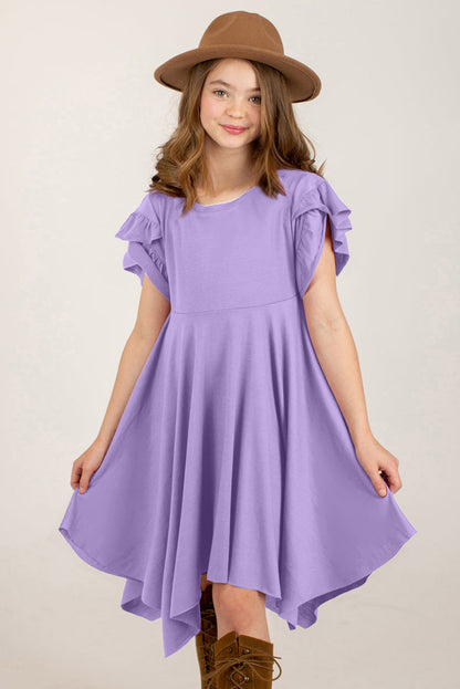 Youth lavender petal-sleeve dress — round neck