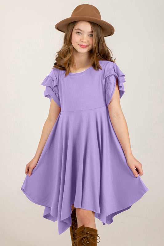 Youth lavender petal-sleeve dress — round neck